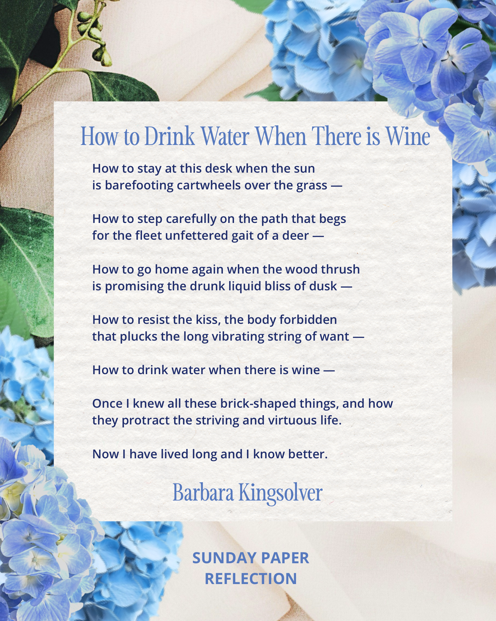 "How to Drink Water When There is Wine" by Barbara Kingsolver