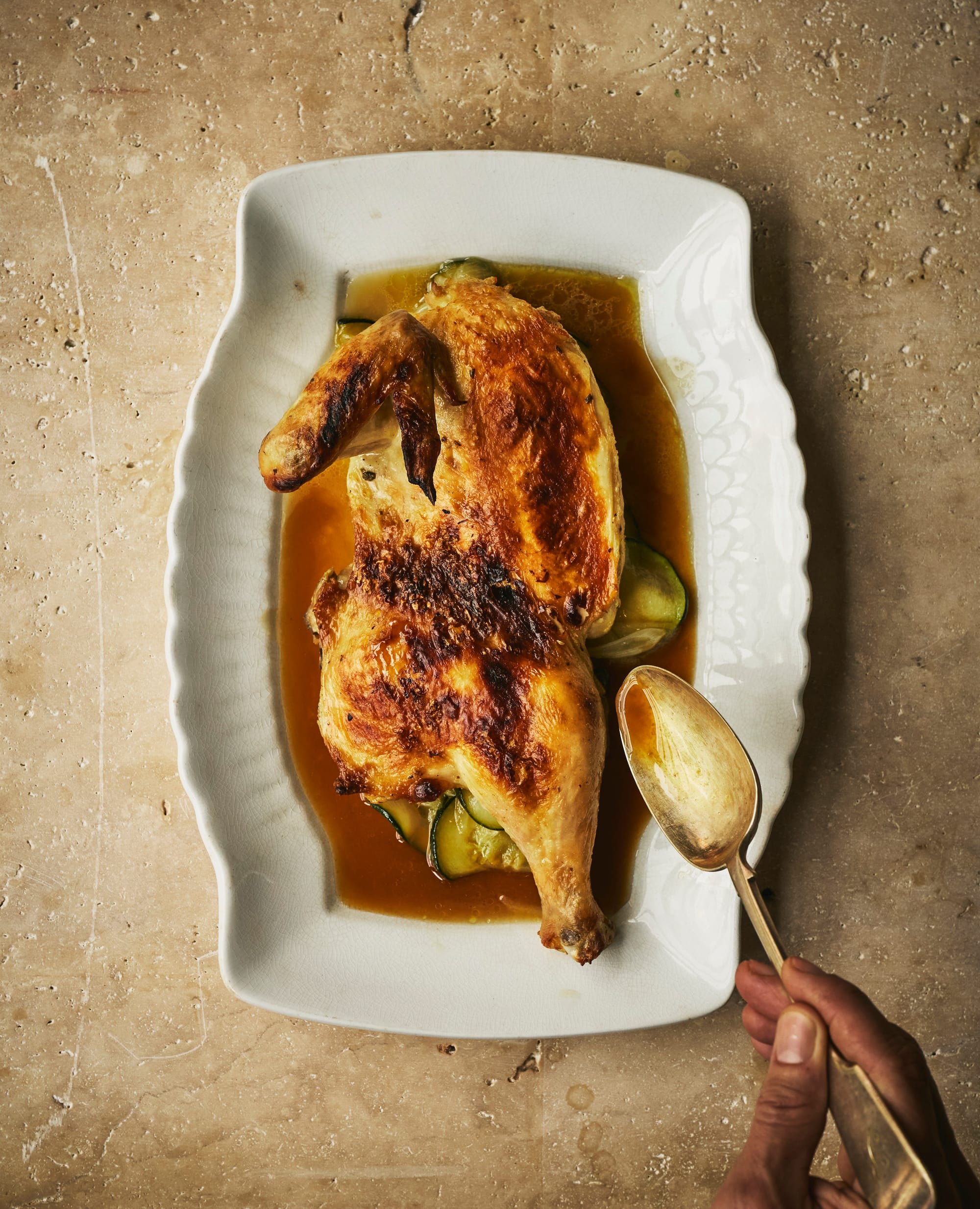 Roasted Chicken With Schmaltz-Braised Zucchini