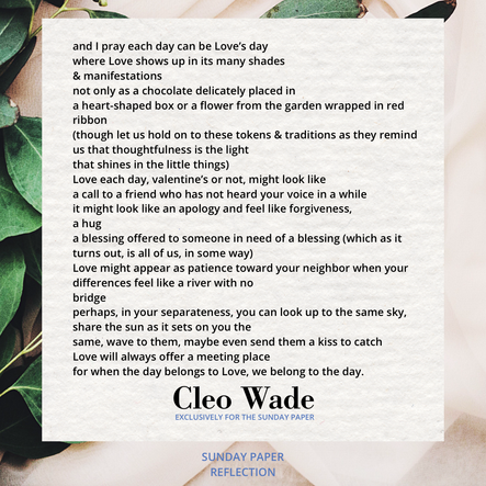 Cream beige image with green leaves. Love's Day by Cleo Wade, full text on page below.