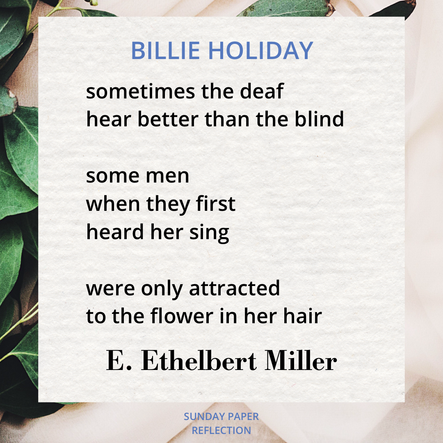 Cream beige image with green leaves. Billie Holiday by E. Ethelbert Miller, full text on page below.