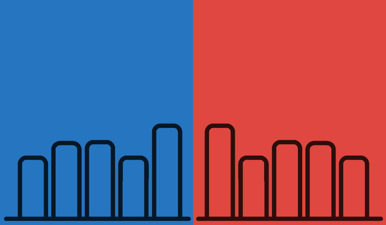 Bar graphs graphics over blue and red.