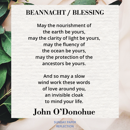 Cream beige image with green leaves. Beannacht/Blessing by John O'Donohue, full text on linked page.