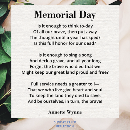 Cream beige image with green leaves. Memorial Day by Annette Wynne, full text on page below.