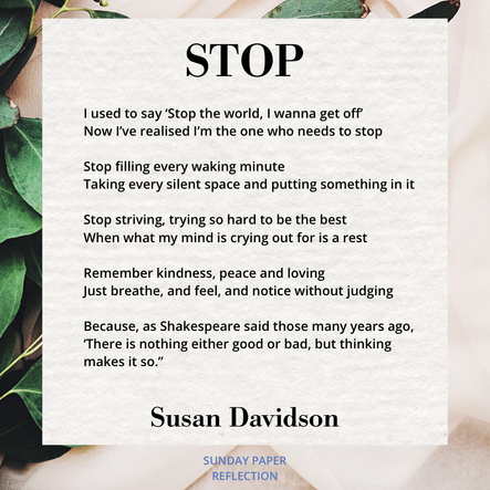 Cream beige image with green leaves. Stop by Susan Davidson, full text on page below.