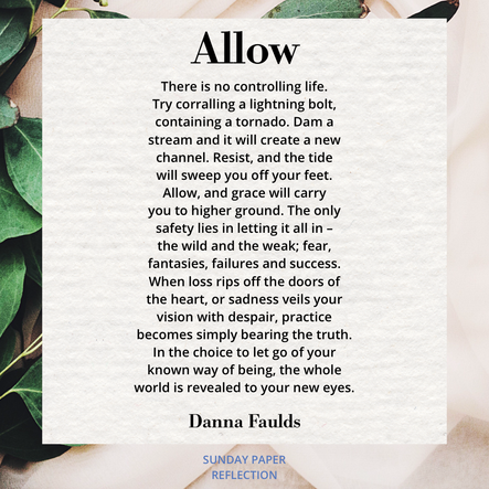 Cream beige image with green leaves. Allow by Danna Faulds, full text on page below.