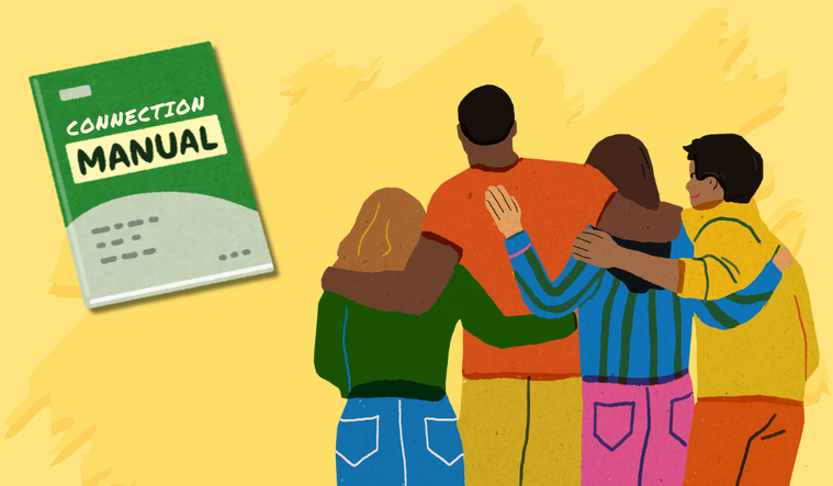 Connection manual and group of people with their arms around each other.