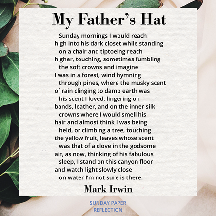 Cream beige image with green leaves. My Father's Hat by Mark Irwin, full text on page below.