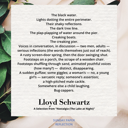 Cream beige image with green leaves. Nostalgia by Lloyd Schwartz, full text on page below.