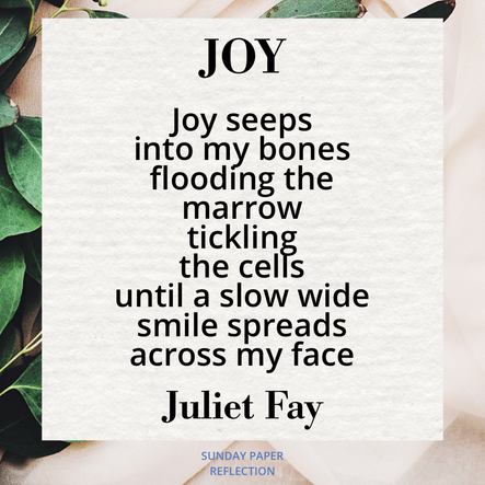 Cream beige image with green leaves. Joy by Juliet Fay, full text on page below.