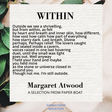 Cream beige image with green leaves. WITHIN by Margaret Atwood, full text on page below.