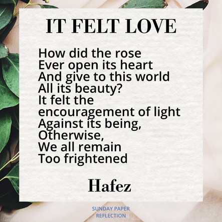 Cream beige image with green leaves. It Felt Love by Hafez, full text on page below.