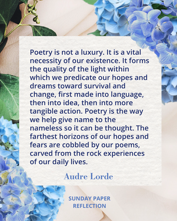 Cream beige image with green leaves. Poetry Is Not a Luxury by Audre Lorde, full text on page below.