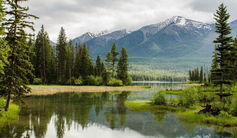 Lake and snow-capped mountain landscape