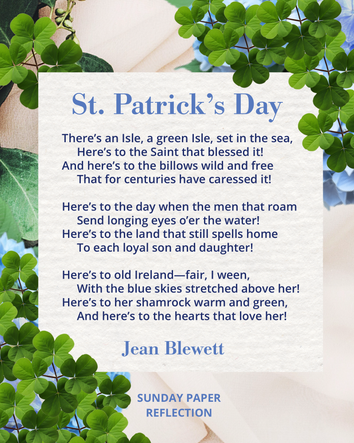 Cream beige image with green leaves. St. Patrick's Day by Jean Blewett, full text on page below.