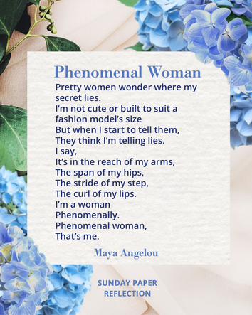 Cream beige image with green leaves. Phenomenal Woman by Maya Angelou, full text on page below.