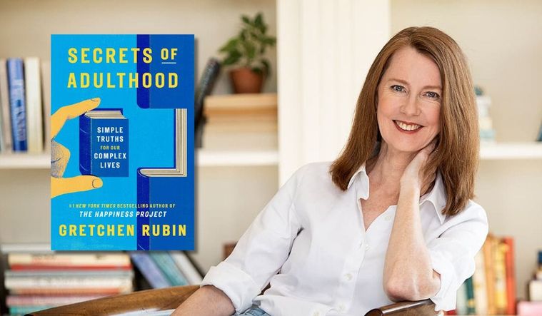 Author Gretchen Rubin and her book cover “Secrets of Adulthood” 