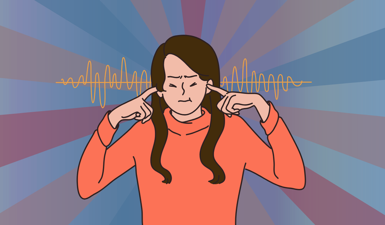 Illustration of a woman plugging her ears in distress.