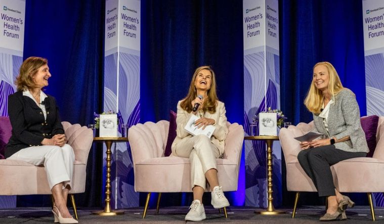 Maria Shriver speaking on a panel at the Women's Health Forum.