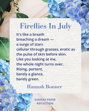 Cream beige image with green leaves. Fireflies in July by Hannah Bonner, full text on page below.