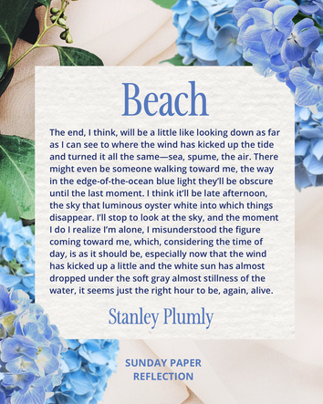 Cream beige image with green leaves. Beach by Stanley Plumly, full text on page below.