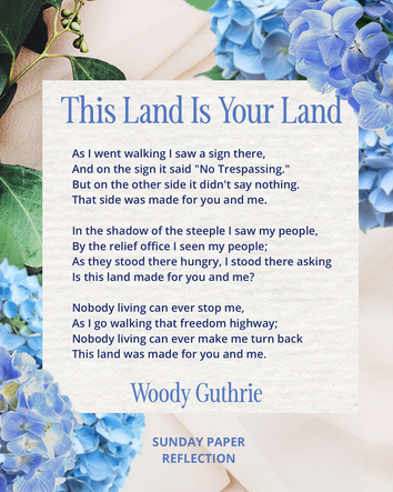 Cream beige image with green leaves. This Land Is Your Land by Woody Guthrie, full text on page below.