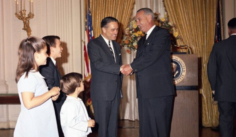 Sargent Shriver and President Lyndon B. Johnson with Maria, Bobby and Tim Shriver