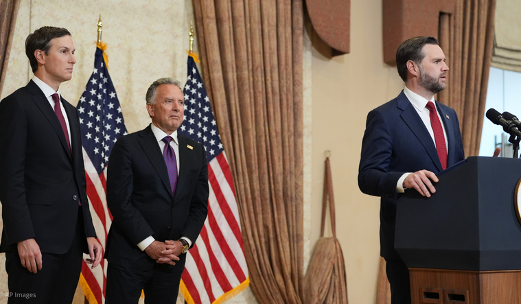Jared Kushner, Steve Witkoff, and U.S. Vice President JD Vance speaking in Pakistan
