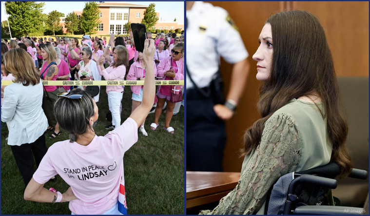 Demonstrators in pink and Lindsay Clancy