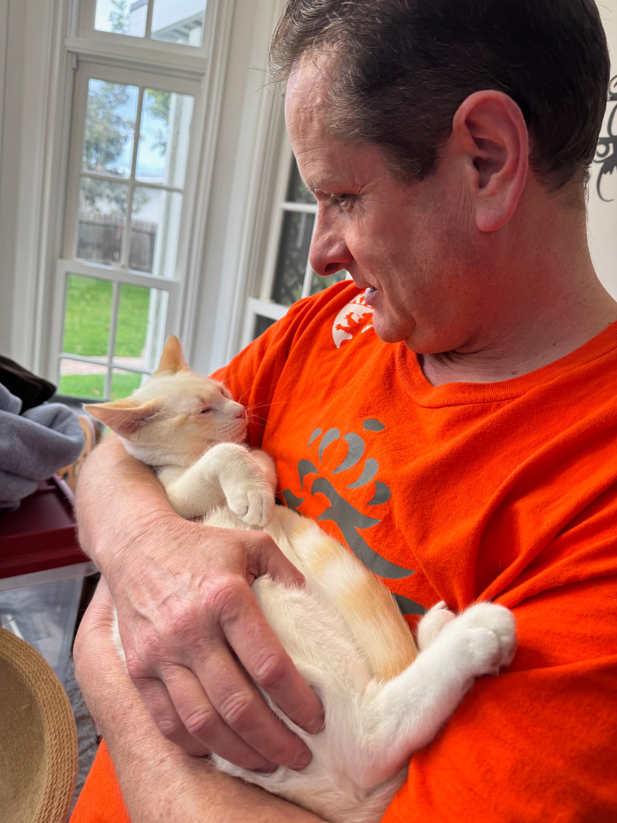 A man cradles a sweet yellow cat.