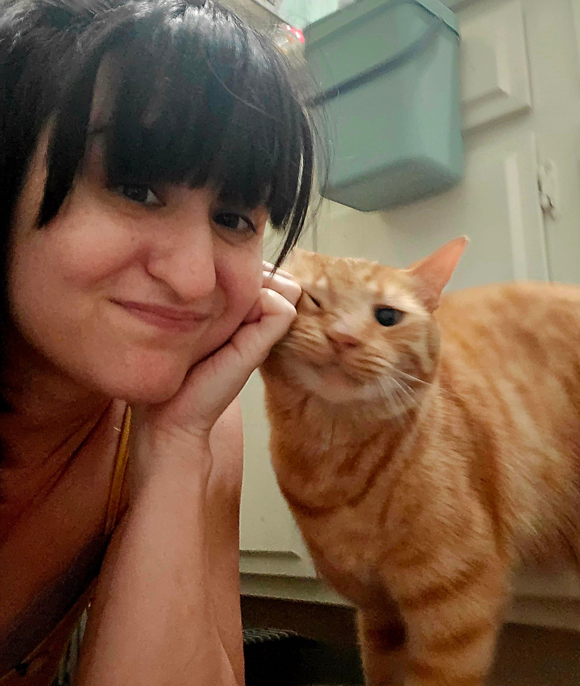 A woman poses next to a good orange cat that is rubbing its face against her hand.
