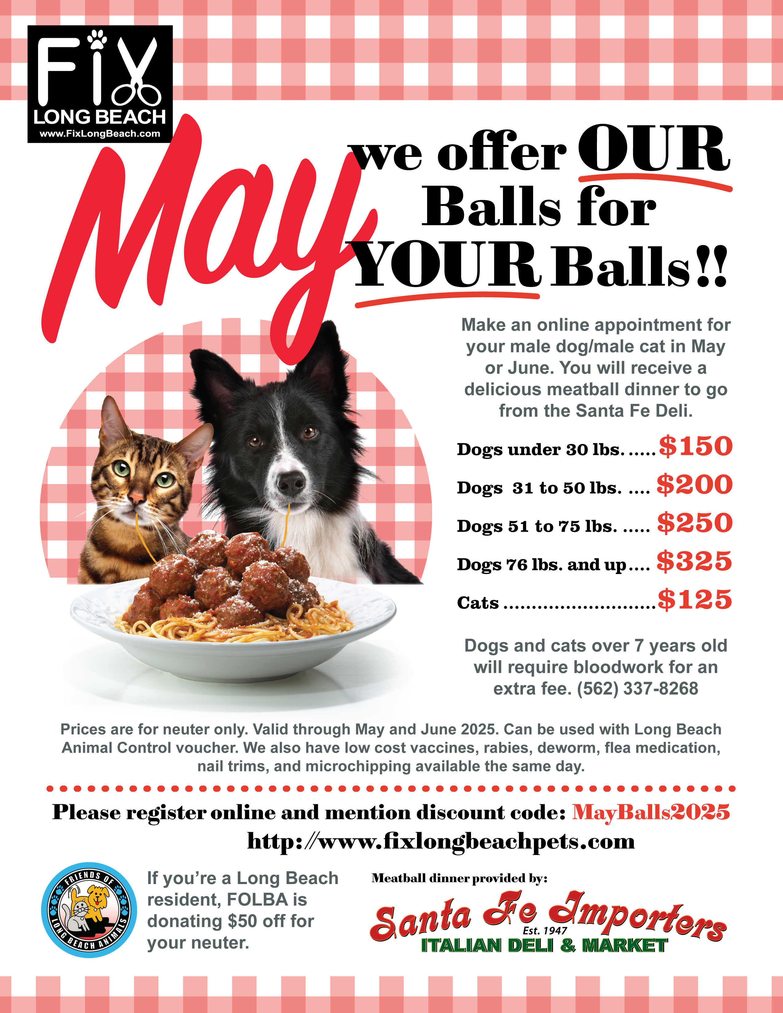 An ad showing a cat and dog eating spaghetti and meatballs.