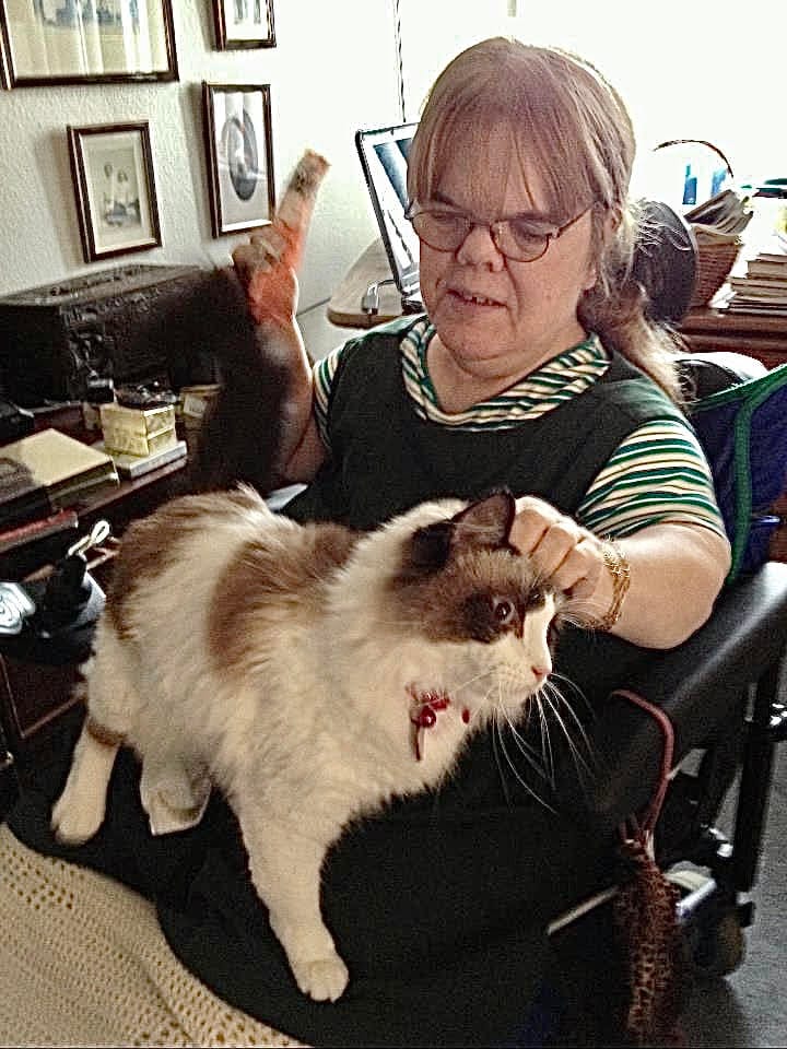 A woman pets a gray and white cat.