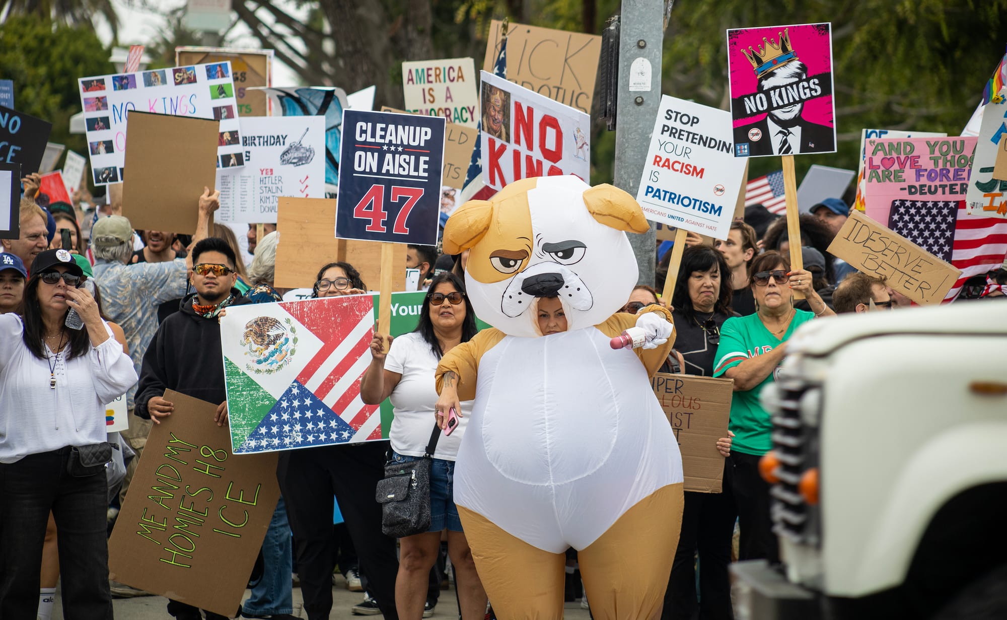 A woman wears a large inflatable dog costume while standing with protesters.