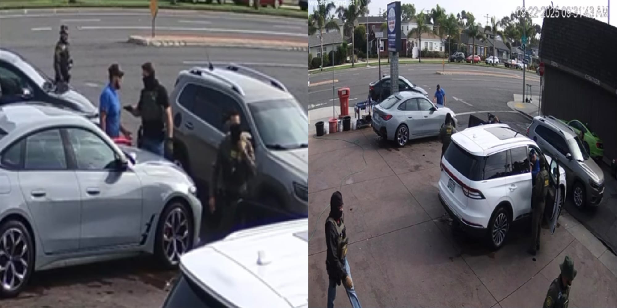 Two surveillance photos of people standing around cars.