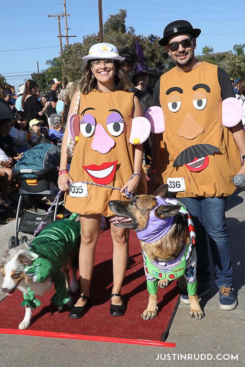 A man and woman in Mrs. and Mr. Potato Head costumes post with their two dogs on a red carpet.