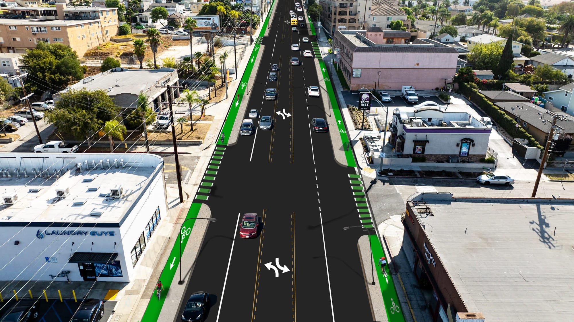 Artist's rendering of a wide street with bike lanes.