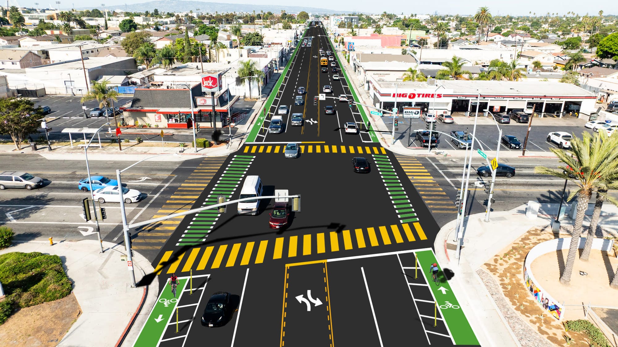 Artist's rendering of a wide street with bike lanes.