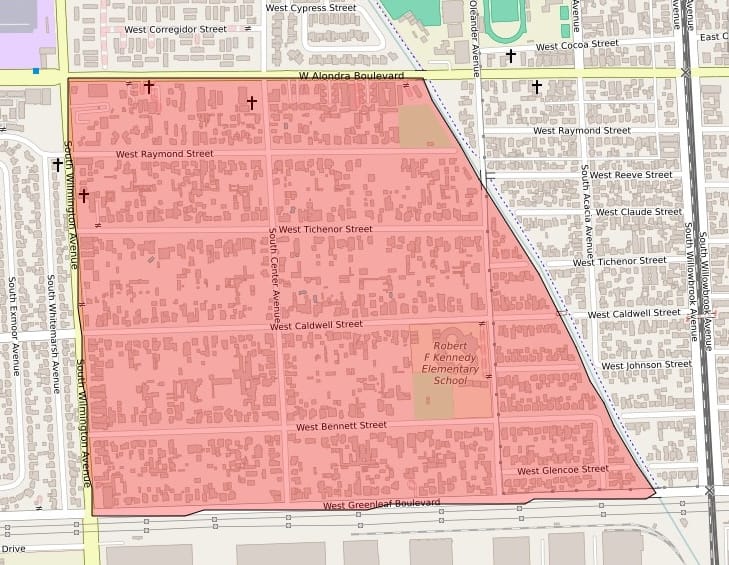 Map of streets with a neighborhood colored pink.