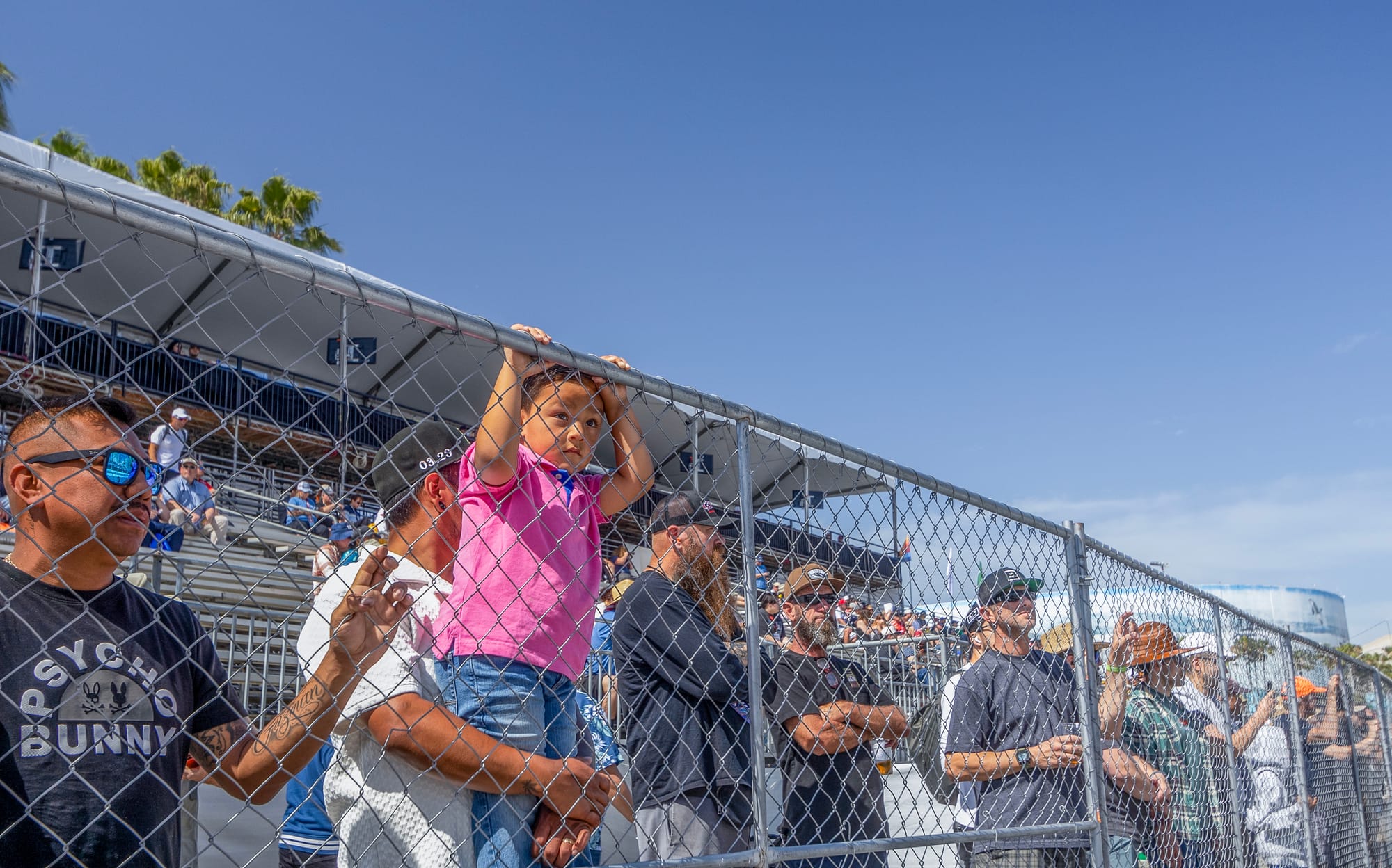 An adult holds a child up in front of a chain link fence.