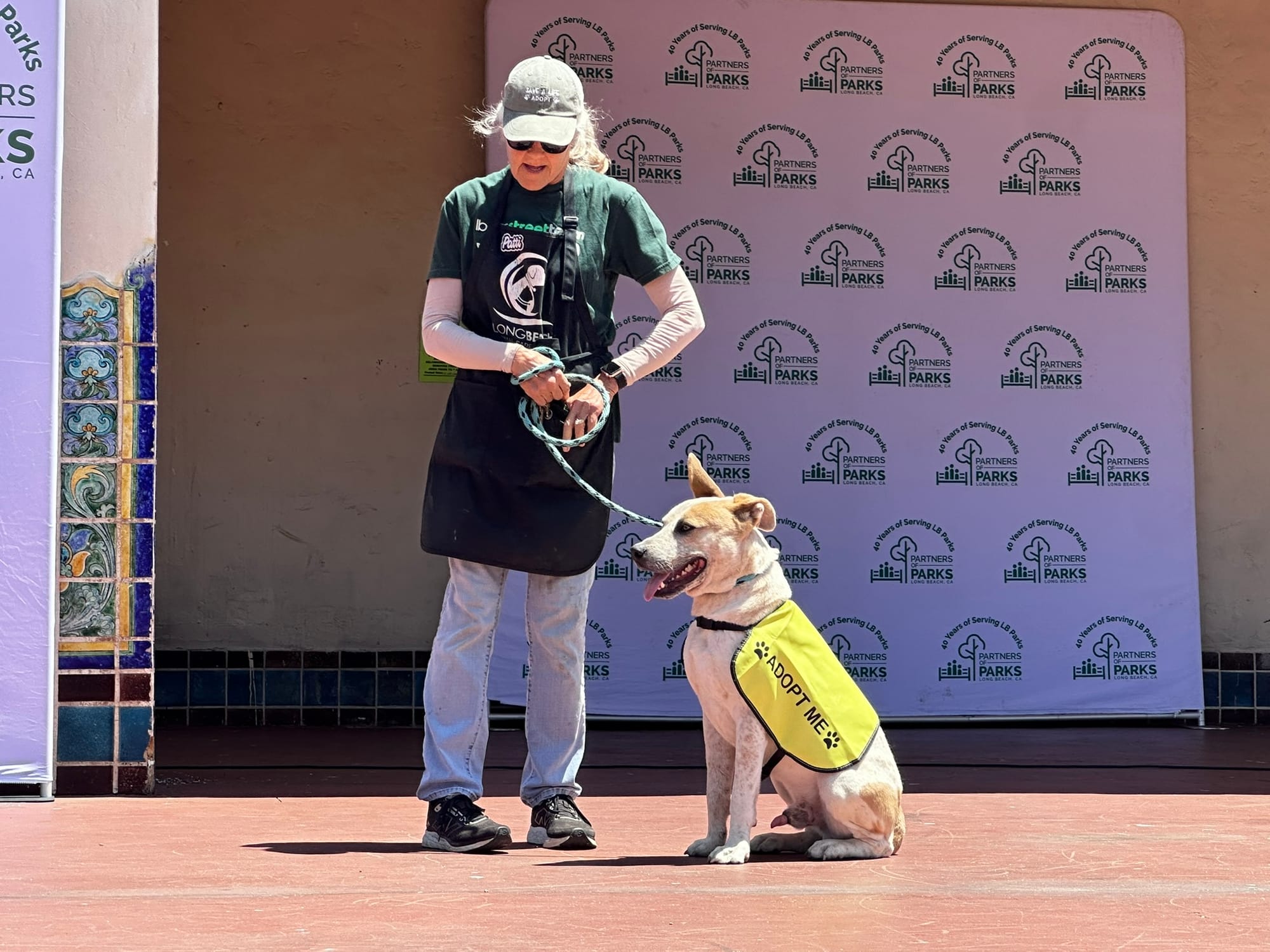 A woman stands next to a dog sitting on stage that is wearing a yellow "adopt me" covering.