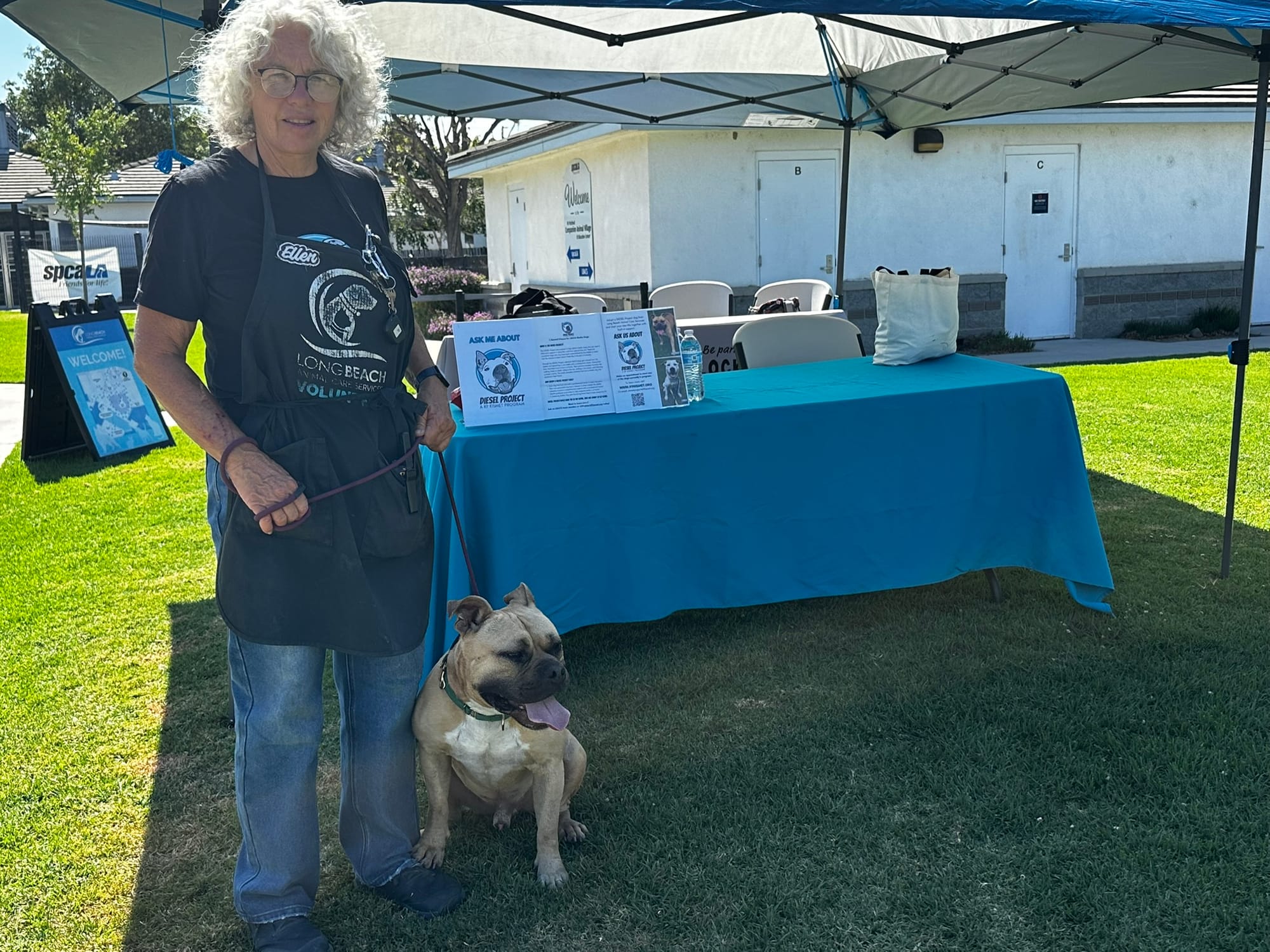 A woman stands next to a blue table under a blue canopy with a good little beige and white dog.