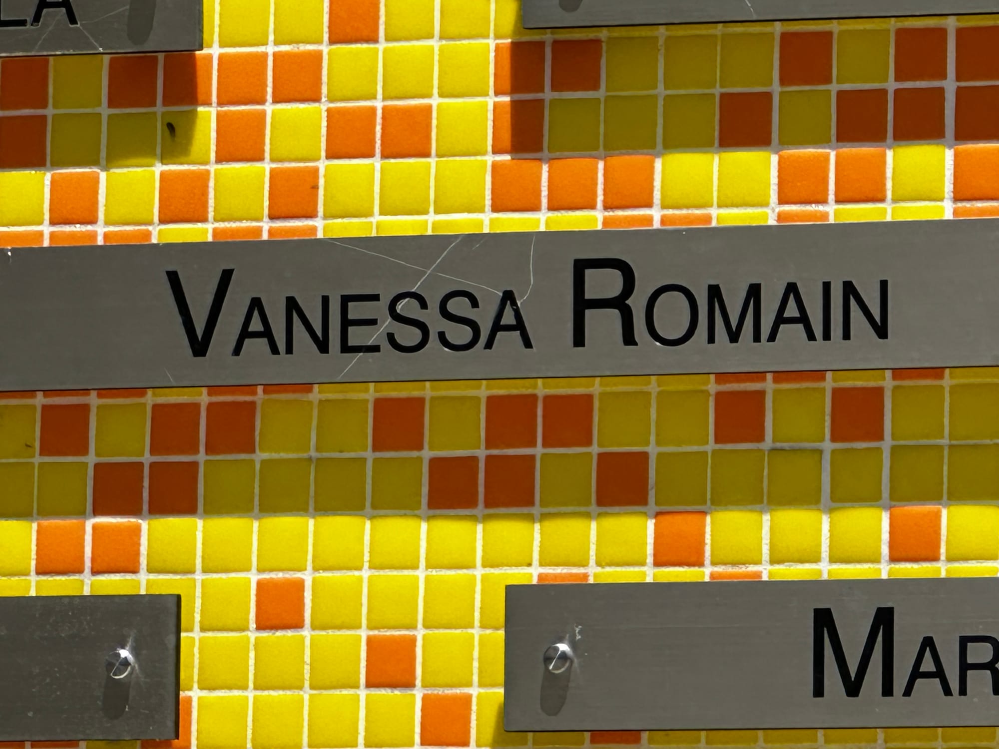 A plain steel plaque saying "Vanessa Romain" on a wall covered with small orange and yellow square tiles.