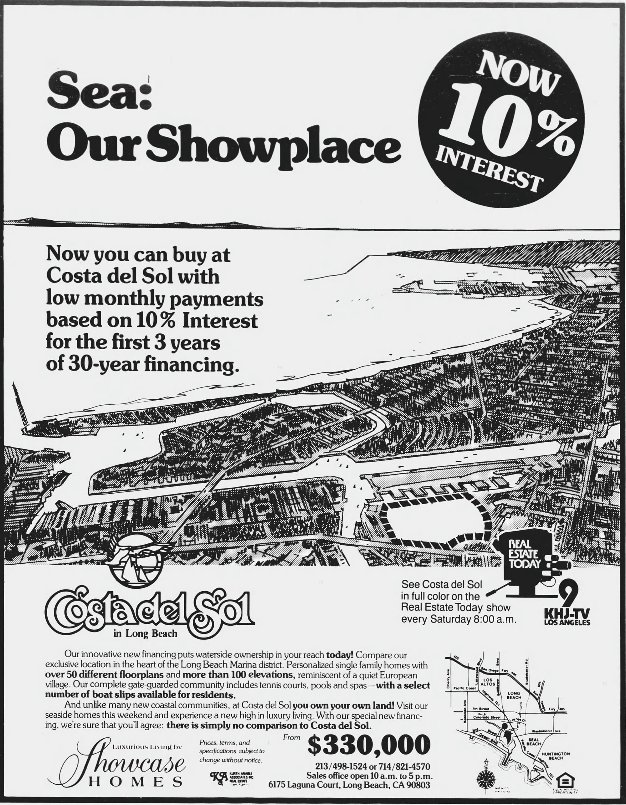 Advertisement that ran in the newspaper for the Costa del Sol neighborhood in Long Beach that shows a line drawing of the area.
