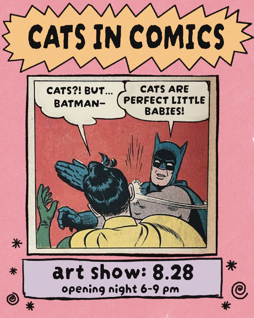 A comic image of Batman striking Robin in the face under the title "Cats in Comics."