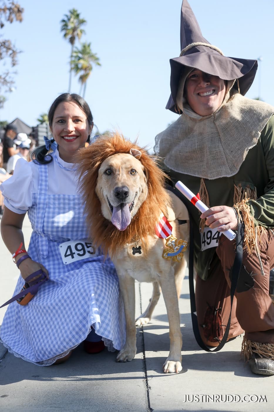 A woman wearing a blue dress and a man dressed as a scarecrow kneel on either side of a dog dressed like a lion.