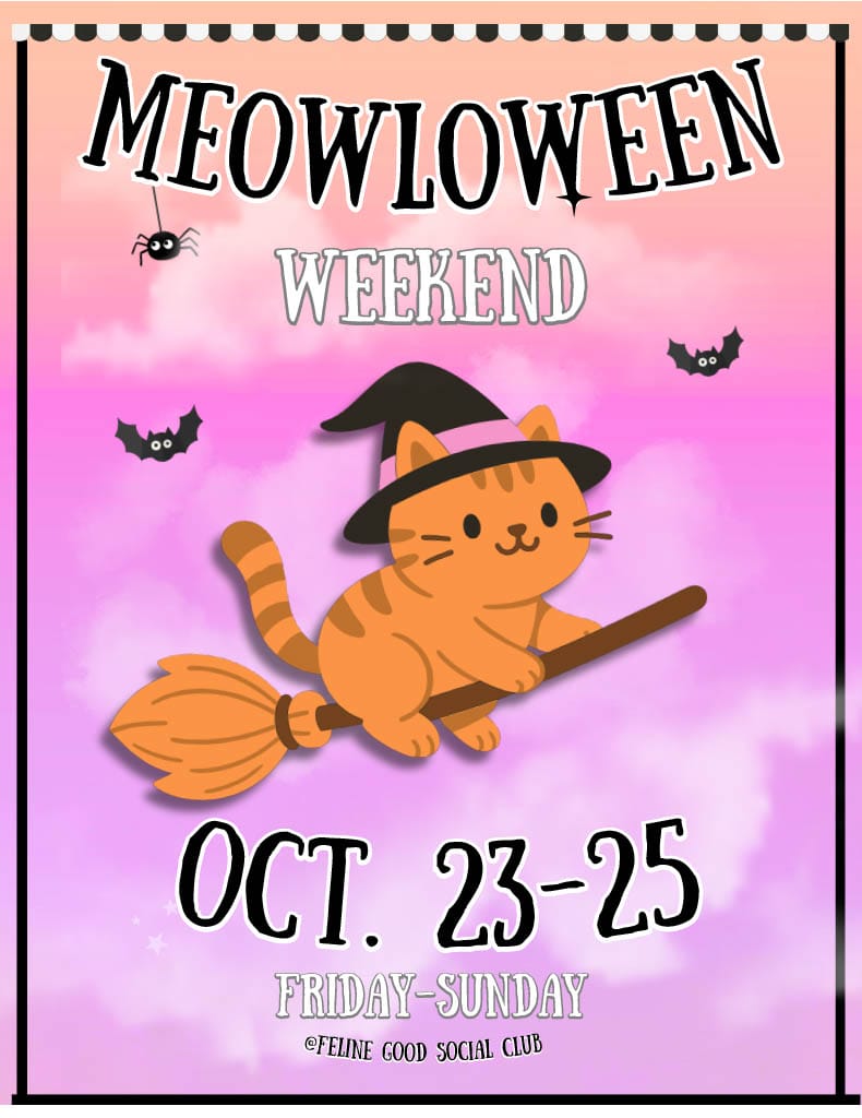 A cartoon of a cat on a broomstick with the title "Meowloween Weekend."