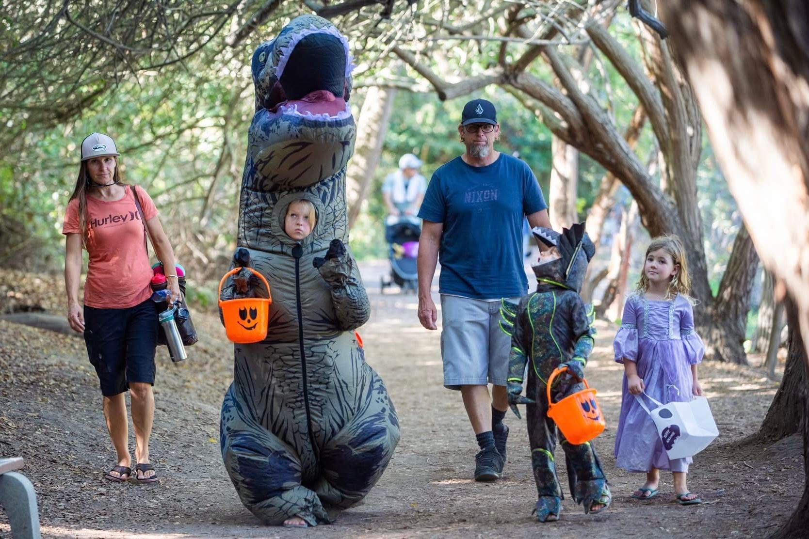 A man, woman and children wearing costumes walk underneath trees outside.
