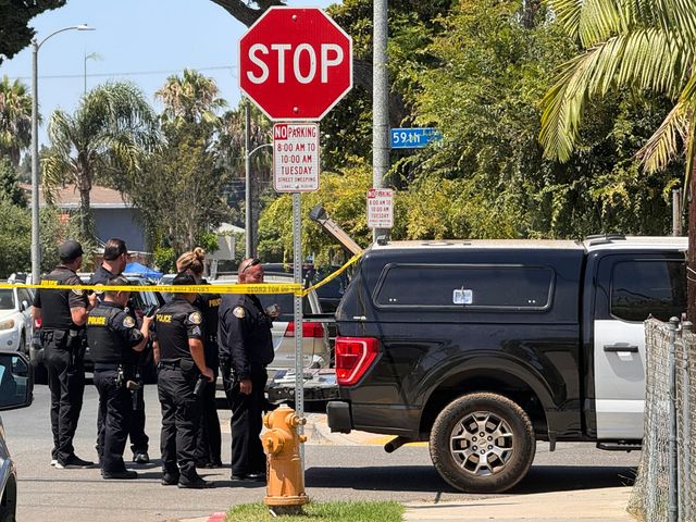 Police officers in black uniforms stand near a stop sign and a police vehicle.