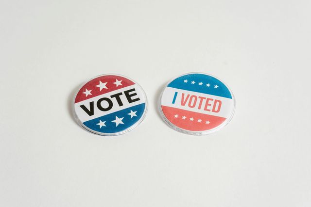 Two red, white and blue buttons, saying Vote and I Voted, respectively.