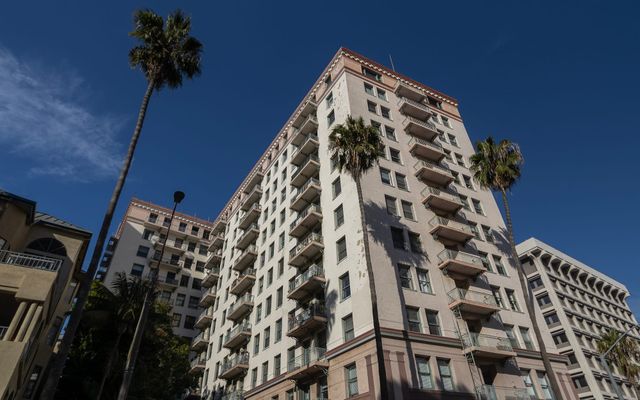 A white mid-rise building surrounded by palm trees.